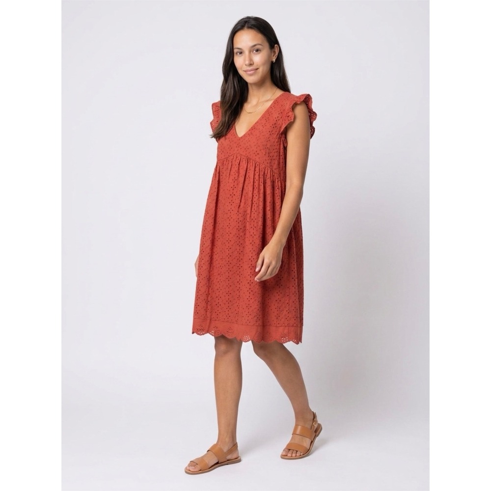Knox Rose Rust‎ Brown Eyelet Flutter Sleeve V-Neck Babydoll Dress Medium